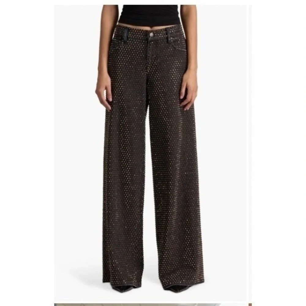 Alice and Olivia Black Gold Rhinestone Embellished Wide Leg Jeans High Rise | 28 - Picture 8 of 10